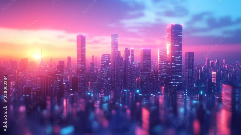 Fototapeta premium A stunning city skyline illuminated by the hues of a colorful sunset, featuring tall skyscrapers and a soft glow that creates a dreamy urban landscape.