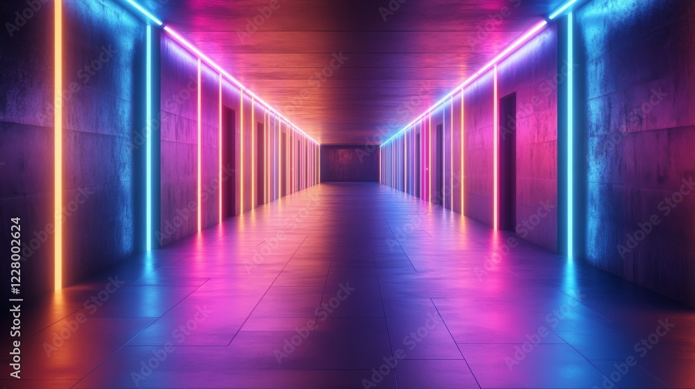 A visually striking neon-lit hallway with vibrant purple and pink hues, capturing a modern and dynamic art design reminiscent of contemporary style. A visually striking neon-lit hallway with vibrant purple and pink hues, capturing a modern and dynamic art design reminiscent of contemporary style.