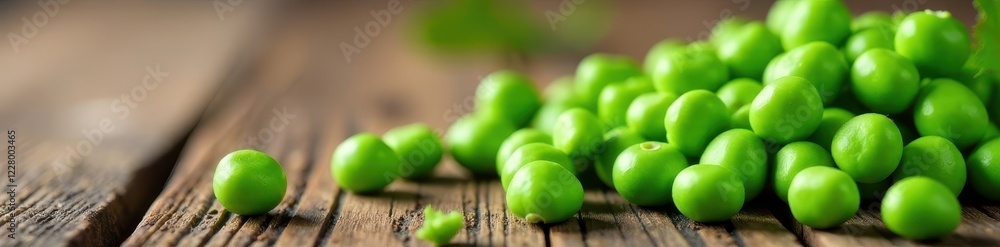 Fresh green peas scattered on a rustic wooden table, fresh green peas, gardening Fresh green peas scattered on a rustic wooden table, fresh green peas, gardening