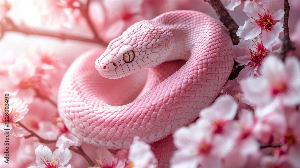Fototapeta premium A pink snake curled among delicate blossoms, capturing a serene scene that combines the gentle detail of nature with the beauty of pink hues.