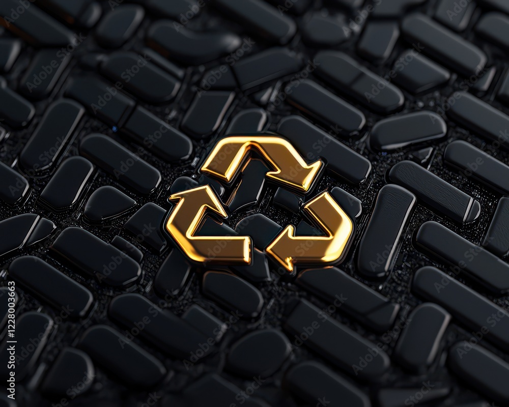 Fototapeta premium Stylish gold recycle symbol on black textured background, promoting sustainability.
