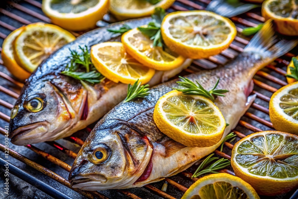 Macro Shot: Grilled Fish with Lemon Slices, BBQ Barbecue Seafood Detail Macro Shot: Grilled Fish with Lemon Slices, BBQ Barbecue Seafood Detail