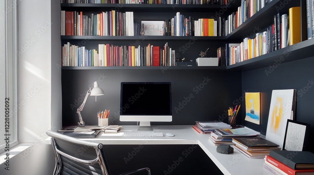 Modern Home Office Workspace With Built In Bookshelves Modern Home Office Workspace With Built In Bookshelves