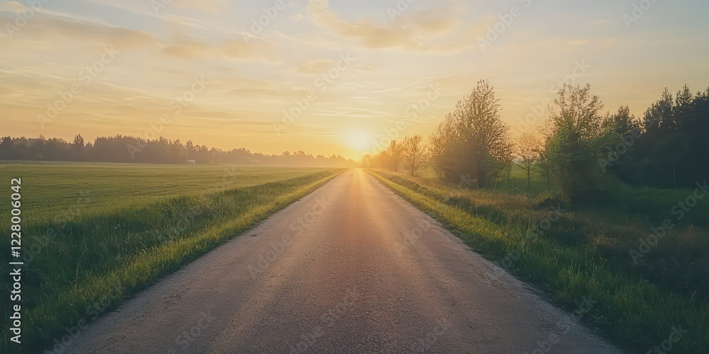 A long, empty road stretching toward the horizon, lit by the warm glow of sunrise. A long, empty road stretching toward the horizon, lit by the warm glow of sunrise.