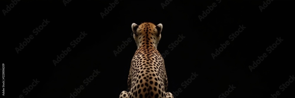 Naklejka premium A striking image of a leopard viewed from behind, showcasing its unique spotted fur against a dark background. Ideal for wildlife conservation themes or animal-related content.