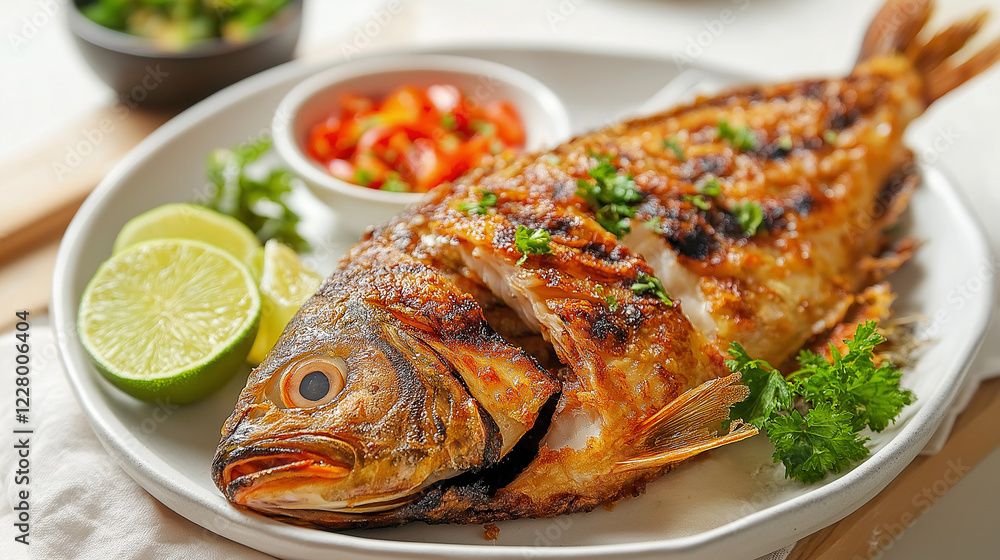 Grilled whole fish with lime and herbs on white plate. Perfect for restaurant menus, cookbooks and culinary blogs about seafood preparation. Grilled whole fish with lime and herbs on white plate. Perfect for restaurant menus, cookbooks and culinary blogs about seafood preparation.