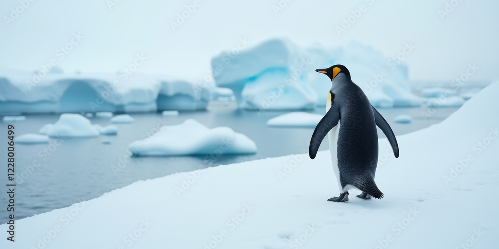 Fototapeta premium A solitary penguin walks along the icy shore, showcasing the serene beauty of its natural habitat. Perfect for wildlife, nature, and environmental projects.