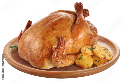 Canvas Print prato com frango assado acompanhado de batatas assadas com alecrim isolado em fu