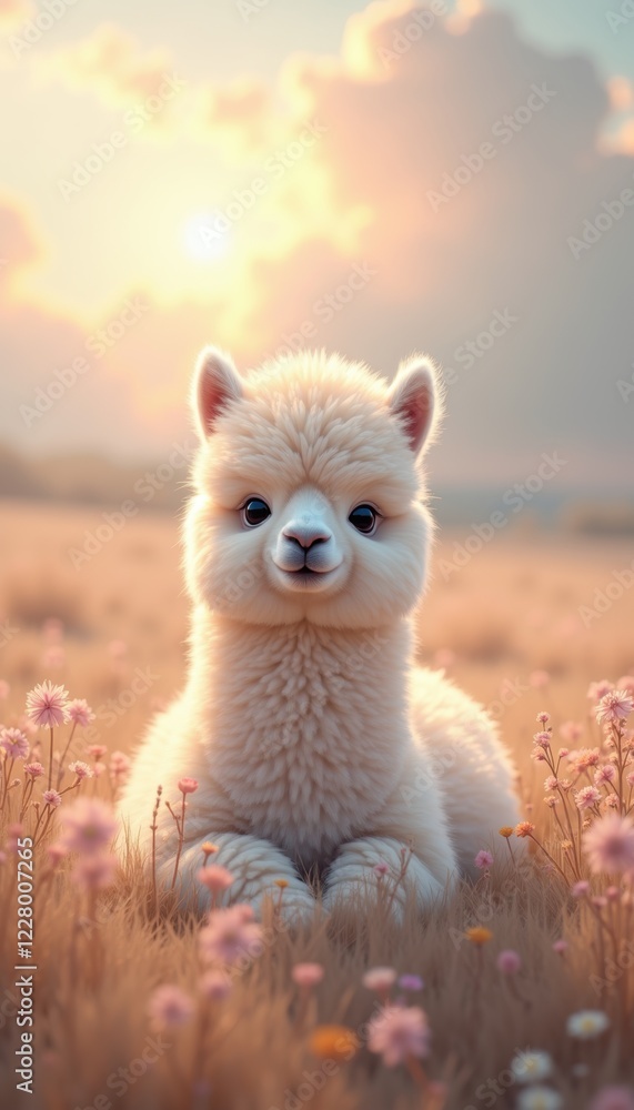 Fototapeta premium A cute, fluffy alpaca sits among colorful flowers in a sunlit meadow, embodying warmth and tranquility in nature’s beauty.