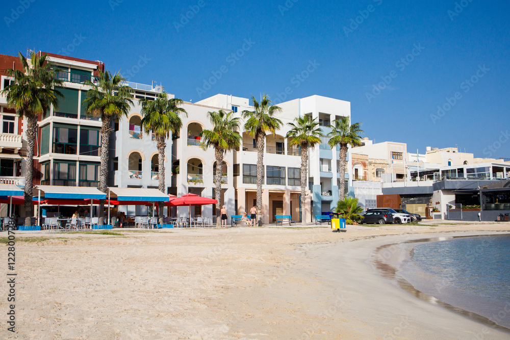 Fototapeta premium Pretty bay beach in Birzebbuga, Malta panorama