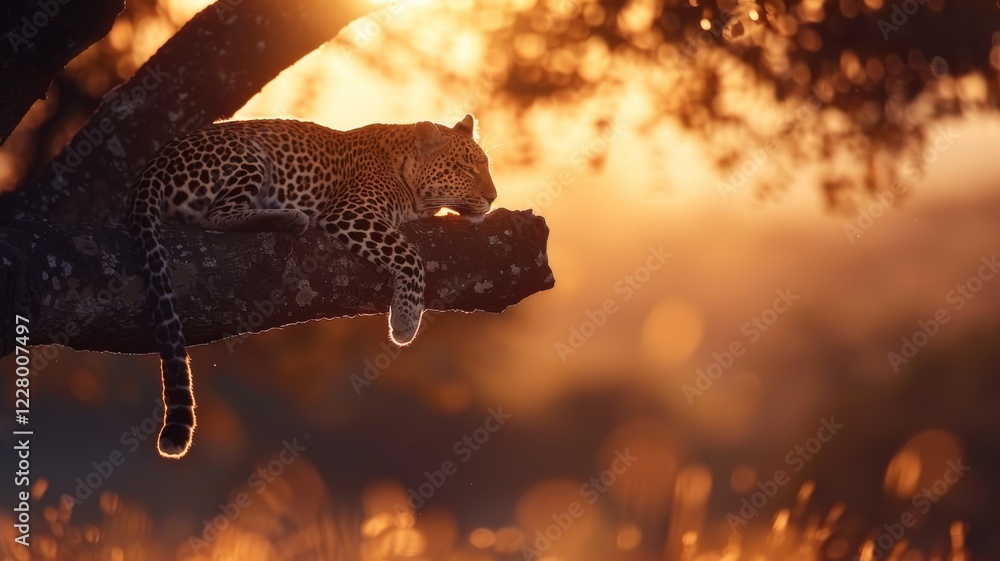 Leopard on a Tree: A leopard resting on a tree branch in the African savanna, its spotted coat blending with the tree's bark and golden grass below. Leopard on a Tree: A leopard resting on a tree branch in the African savanna, its spotted coat blending with the tree's bark and golden grass below.
