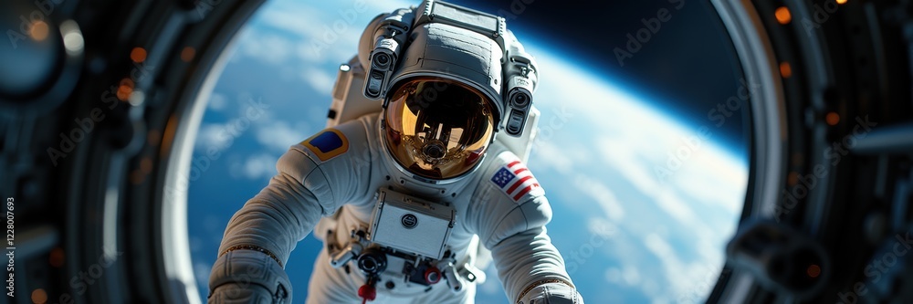 Fototapeta premium A stunning view of an astronaut floating in space, framed by a spacecraft window, highlighting the grandeur of exploration and the beauty of Earth from above.