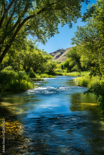 Tranquility in Nature: Serene River with Lush Greenery and Rolling Hills Under Clear Blue Sky