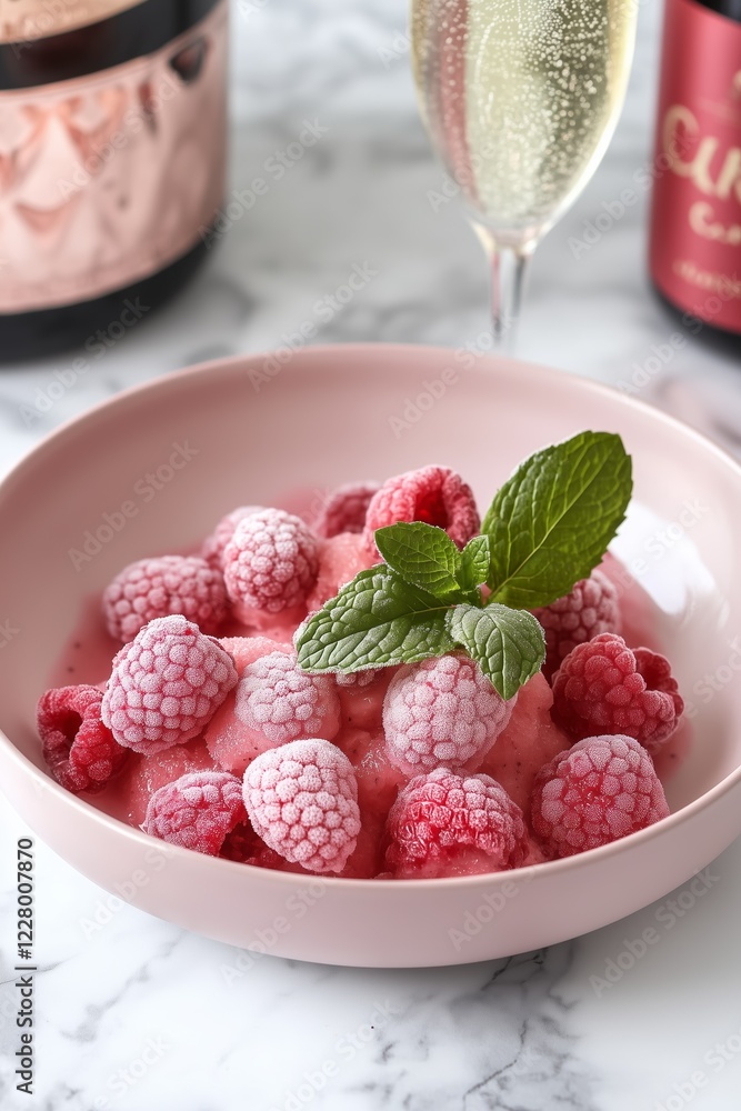 A bowl of frozen raspberries with fresh mint, accompanied by a chilled glass of champagne on a marble surface. A bowl of frozen raspberries with fresh mint, accompanied by a chilled glass of champagne on a marble surface.