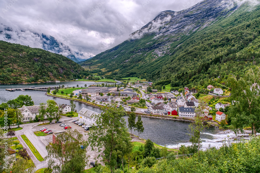 Fototapeta premium Hellesylt is a village in Stranda Municipality, Møre og Romsdal County. The village lies at the beginning of Sunnylvsfjord.
