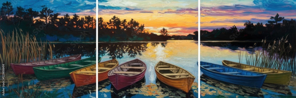 The banner is a triptych consisting of three panels depicting a sunset over a lake. There are wooden boats moored along the shore with reeds on the lake. The sunset sky is reflected in the water. The banner is a triptych consisting of three panels depicting a sunset over a lake. There are wooden boats moored along the shore with reeds on the lake. The sunset sky is reflected in the water.