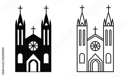 Church icon, vector design. Silhouette of Church symbol, linear icon, cathedral isolated on white background. Building, Religion icon,  Pray Build icon. Vector Illustration.