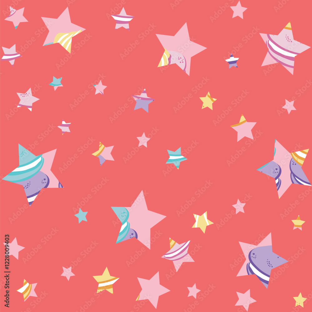Pattern of stars of all sizes and shapes and with interesting and trendy textures to make them brighter, some with backgrounds in squares, dots and other geometric shapes. Pattern of stars of all sizes and shapes and with interesting and trendy textures to make them brighter, some with backgrounds in squares, dots and other geometric shapes.