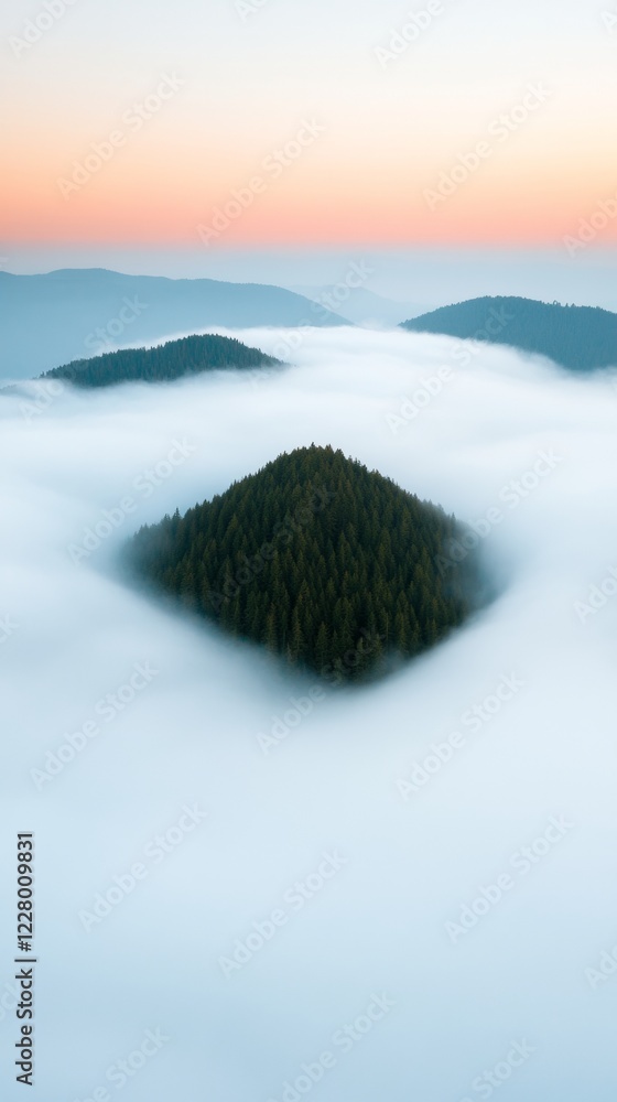 Obraz premium Ethereal Calm Misty Violet Clouds Over a Tranquil Forest Skyscape - Contemporary Digital Art for Wellbeing Campaigns and Relaxation Retreat Advertising