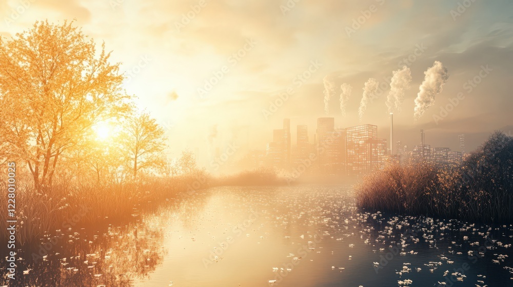 Obraz premium A city skyline is reflected in the water of a river