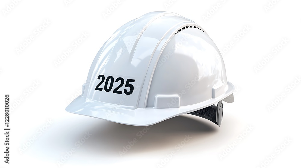 Fototapeta premium A white hard hat sits on a white background. The text 