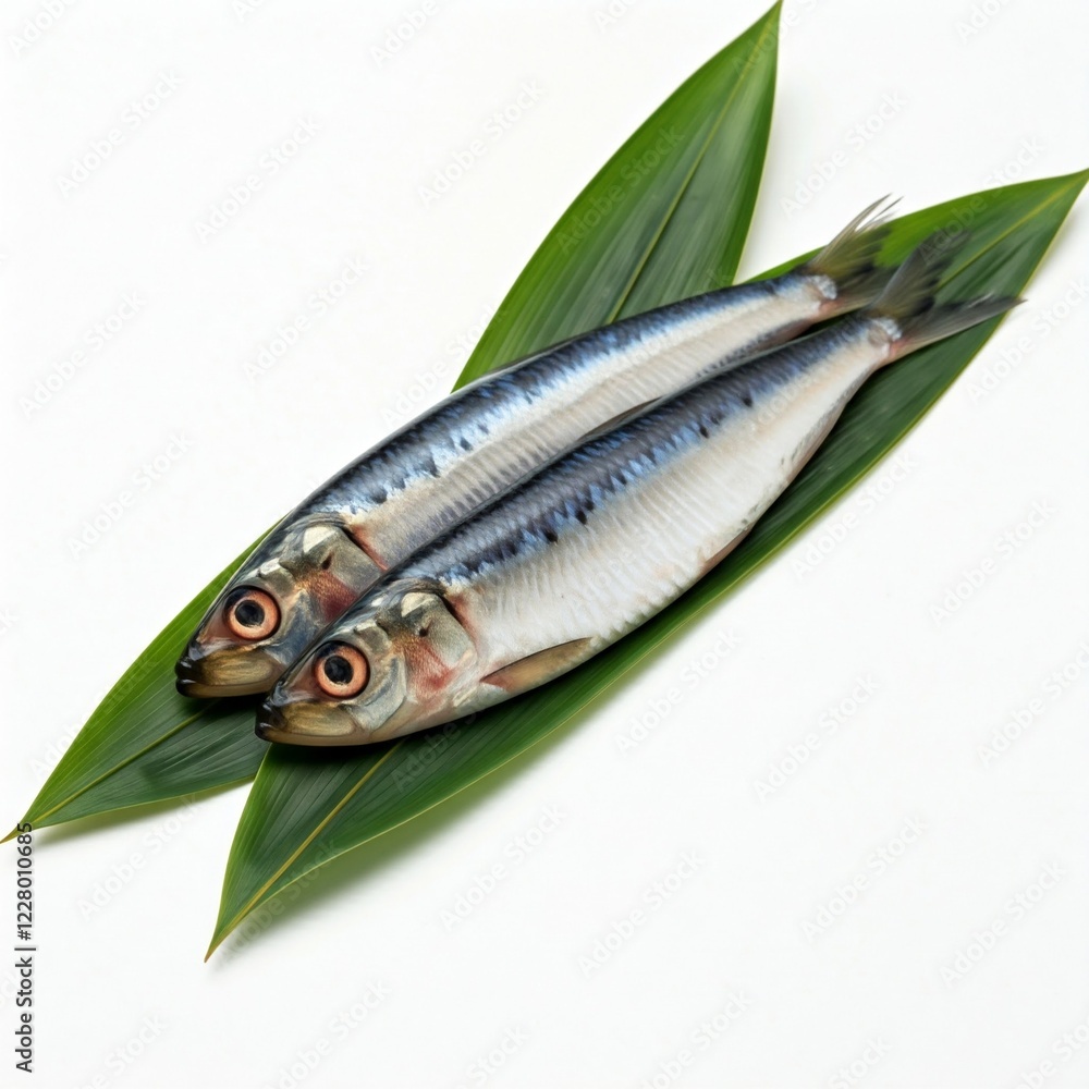 sardine on a bamboo leaf, isolated on white sardine on a bamboo leaf, isolated on white