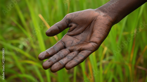 African American hand reaching out against green nature background. Ideal for unity, diversity and environmental care concepts.