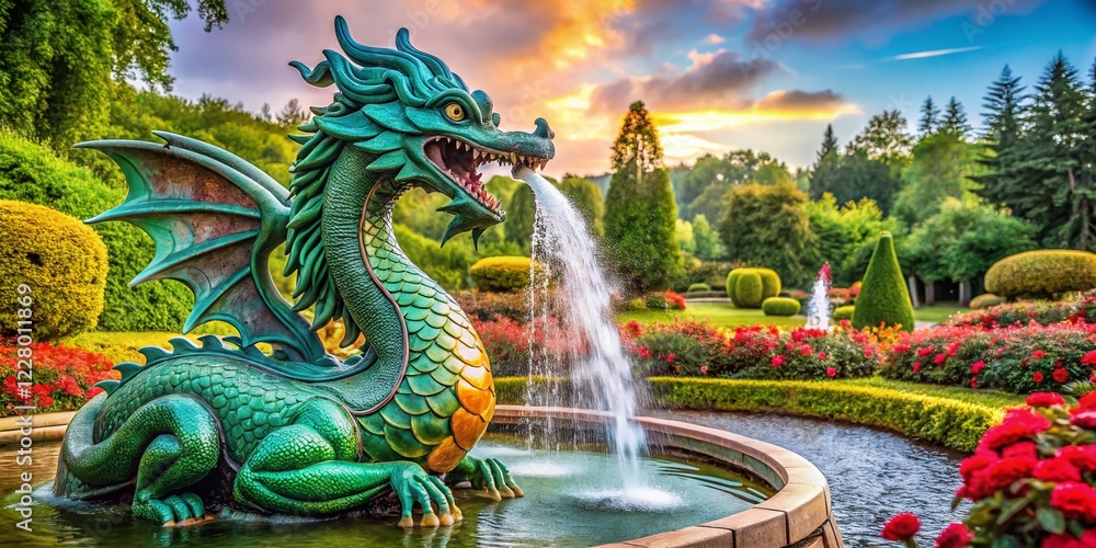 Fototapeta premium Majestic Dragon Fountain with Ample Copy Space - Left Composition