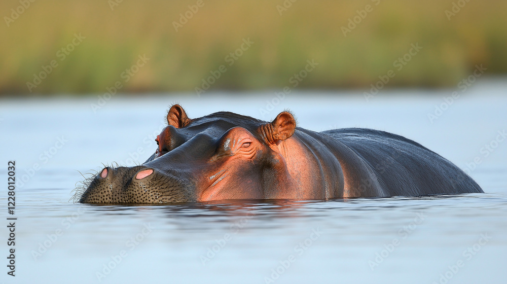 Close-up of hippopotamus in calm water. Suitable for wildlife photography, animal conservation and nature documentaries. Close-up of hippopotamus in calm water. Suitable for wildlife photography, animal conservation and nature documentaries.