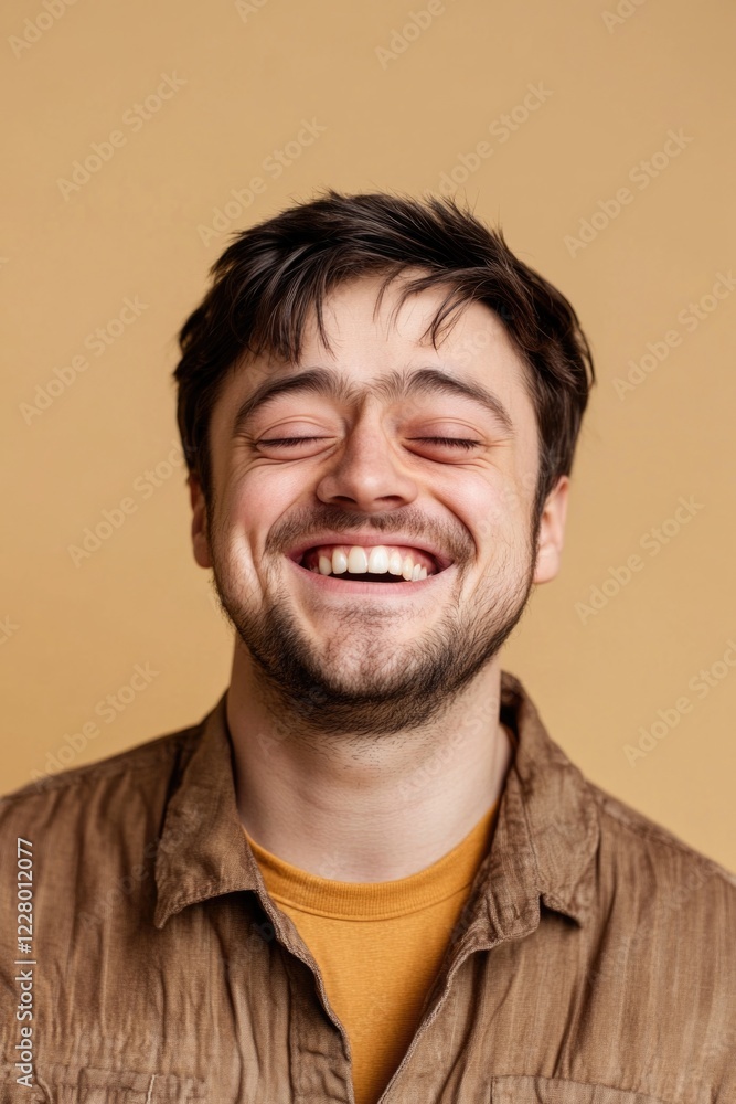 Obraz premium Man with beard smiling broadly, suggesting happiness and friendliness.