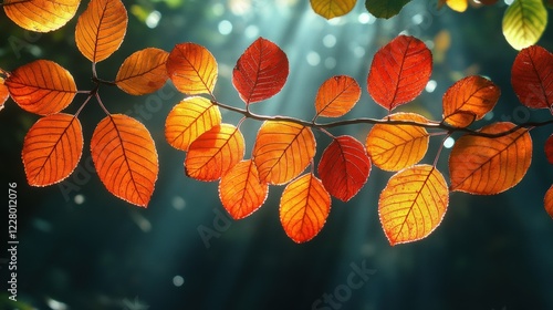 Autumn leaves glowing in sunlight forest nature photography tranquil environment close-up view photo