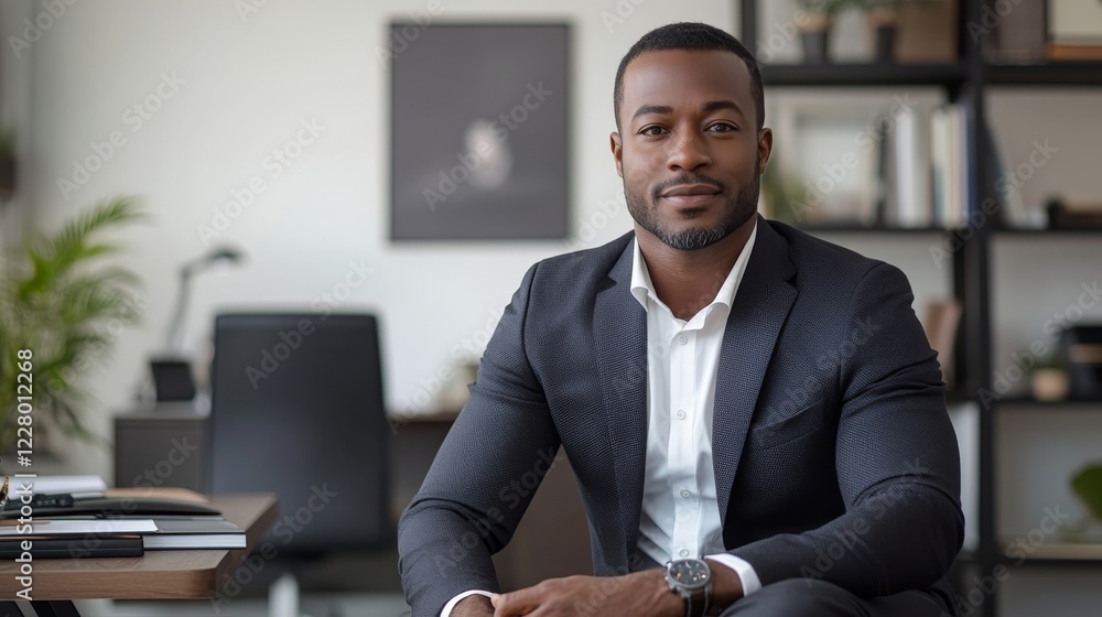 Fototapeta premium A confident man sits in a modern office environment, wearing a sharp suit, exuding professionalism and readiness, surrounded by shelves and a desktop workspace.
