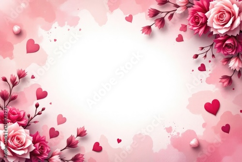 Floral heart frame with pink roses and petals on white background.Valentine day, 14th february concept.