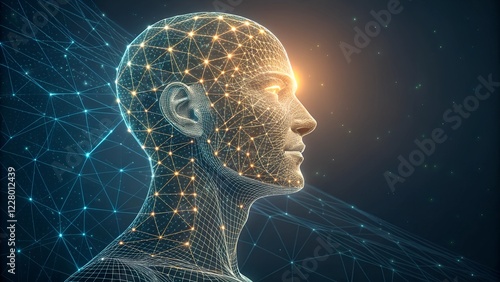This image depicts a digital, wireframe representation of a human head and part of the upper body,
