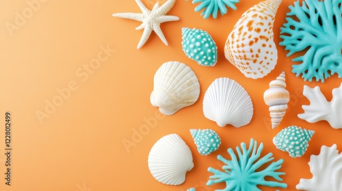 Vibrant tropical elements scattered on a bold orange background showcasing seashells and coral shapes in a stylish and minimalistic arrangement photo