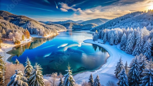 Majestic Frozen Lake Dospat, Bulgaria: Panoramic Winter Landscape photo