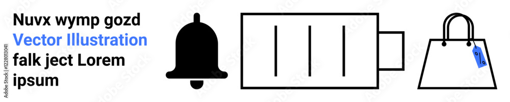 Notification bell, battery icon showing charge level, and shopping bag with price tag. Ideal for alerts, energy, e-commerce, communication, shopping apps, mobile devices and flat landing page banner Notification bell, battery icon showing charge level, and shopping bag with price tag. Ideal for alerts, energy, e-commerce, communication, shopping apps, mobile devices and flat landing page banner