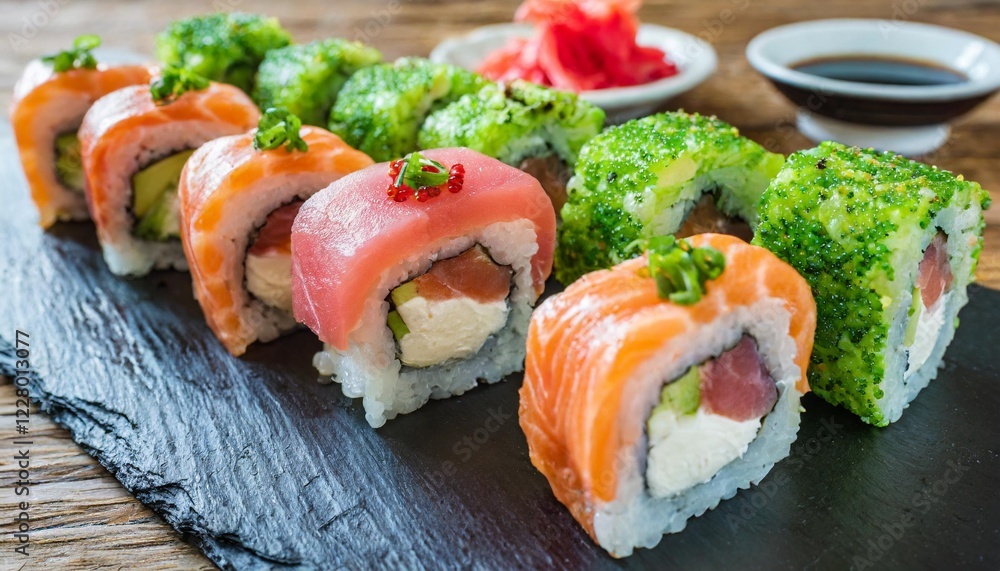 A colorful sushi platter with fresh salmon, tuna, and avocado rolls, beautifully arranged on a black slate plate. A colorful sushi platter with fresh salmon, tuna, and avocado rolls, beautifully arranged on a black slate plate.