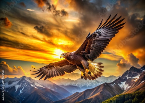 Majestic Golden Eagle Soaring Over Mountain Peaks - Wildlife Photography