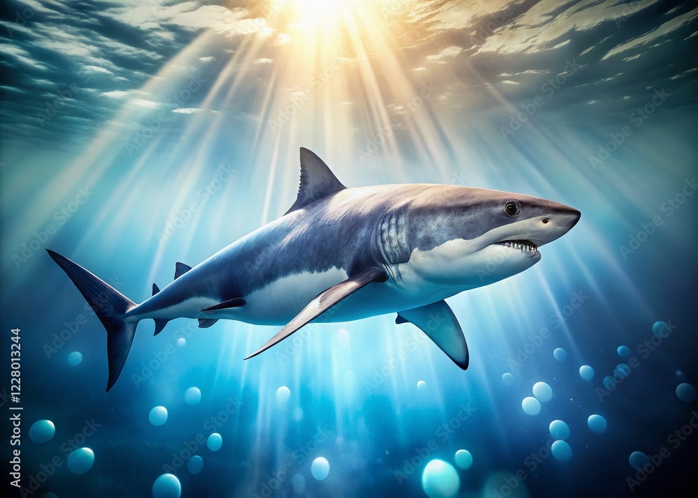 Fototapeta premium Majestic Great White Shark Isolated on White, Bokeh Background Stock Photo