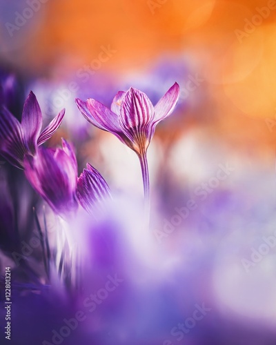 Macro of a dreamy purple striped crocus against a vibrant orange background. A focus stacked photo of early Spring flowers