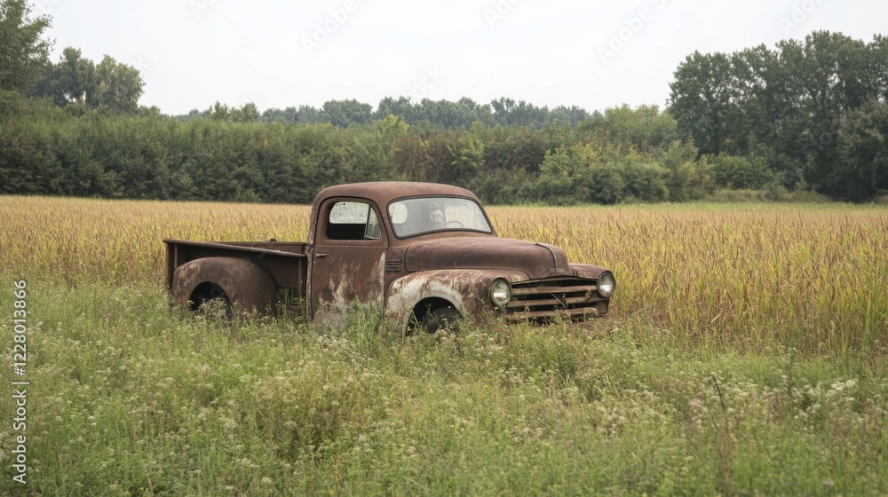 Fototapeta premium Rusted vintage pickup truck abandoned in a field of tall grass.