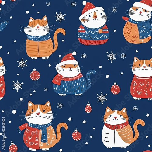 Seamless pattern with Cute cartoon fat cats wearing different Christmas outfits. photo