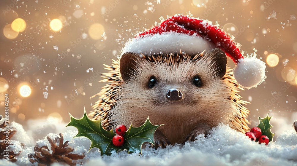 Festive Hedgehog in Snow with Santa Hat and Holly Berries during a Winter Celebration. Festive Hedgehog in Snow with Santa Hat and Holly Berries during a Winter Celebration.