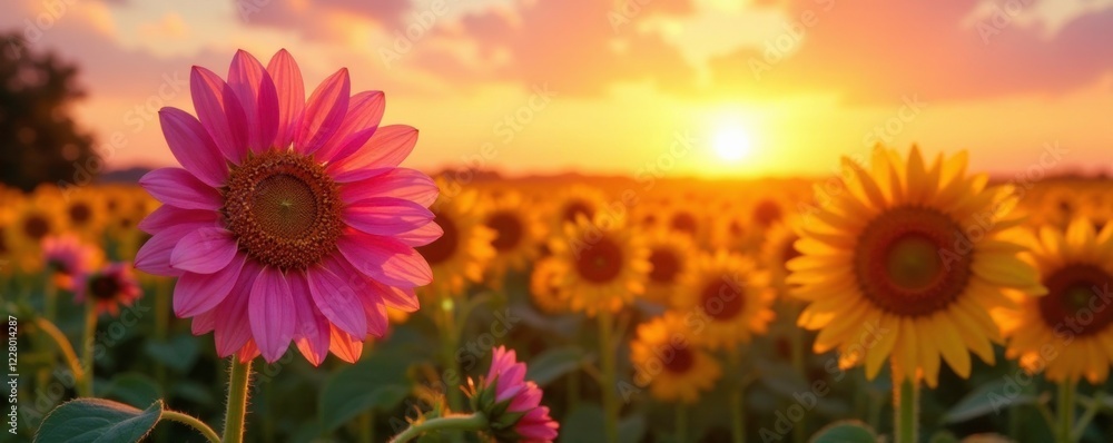 Obraz premium Soft pink flowers stretch towards sunset orange sky, sunflowers, yellow