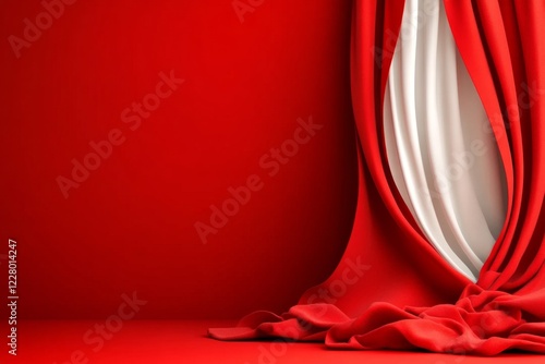 A clean geometric illustration of a curtain being drawn back, revealing an empty space filled with potential