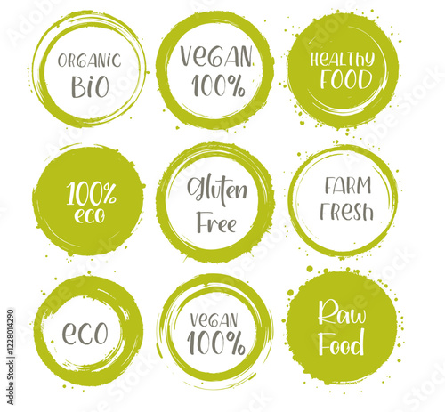 Brush painted vector organic labels, light and dark green bio icons set for menu or food pack. Gluten free, fresh raw healthy food, premium quality, locally grown eco friendly circle stamps collection