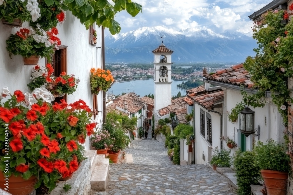 Naklejka premium A cobblestone street in a historic town, its lengthy path lined with colorful buildings and flower pots
