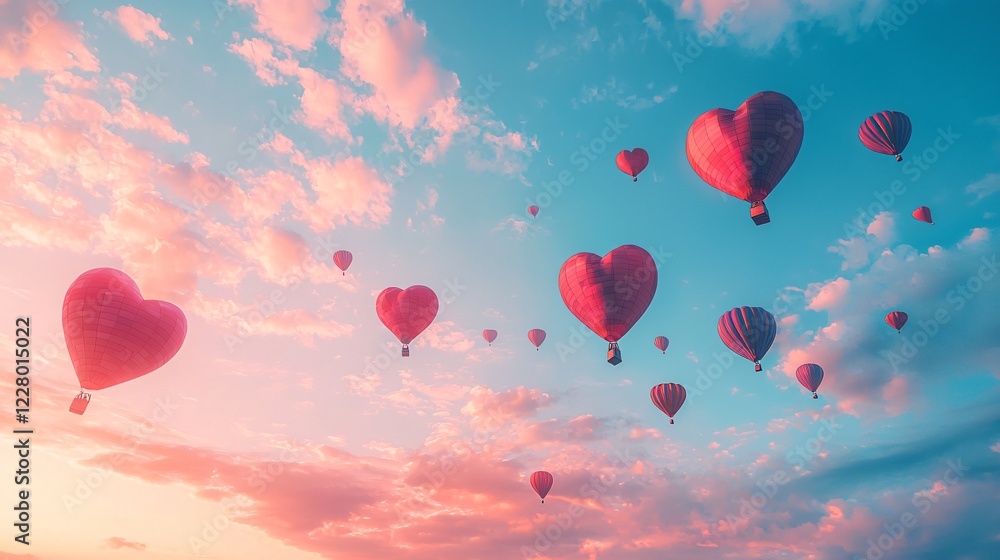 Heart Shaped Balloons Ascending Through Dreamy Pink Sky. Heart Shaped Balloons Ascending Through Dreamy Pink Sky.