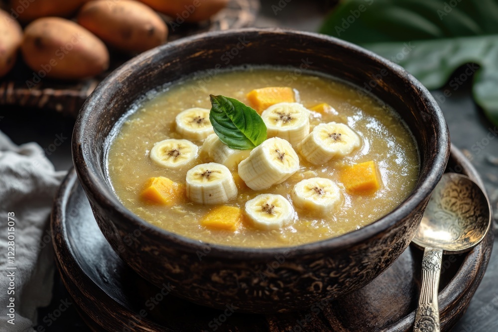 Close-up photo of a creamy, warm soup served with chunks of fruit and a mint garnish on top. Bowl sits on a simple table setting ready for a meal.